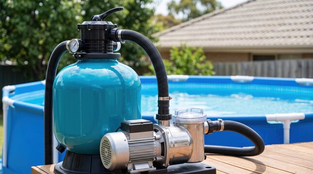 A water filtration system stands beside an above ground pool in a backyard. It is a sunny summer day. The pool is filled with clear water