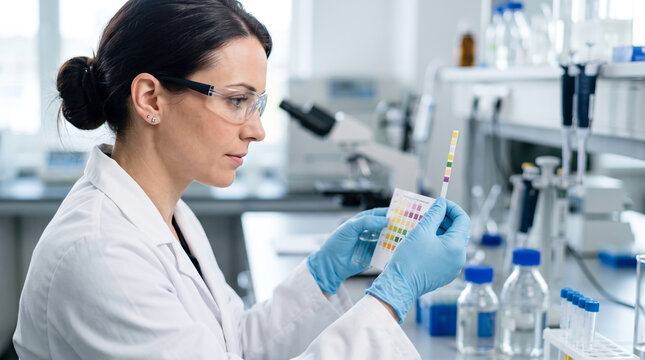 A scientist is in a laboratory examining testing strips in her hands. She has glasses and wears gloves. Behind her, various tools and bottles are visible in the lab setting