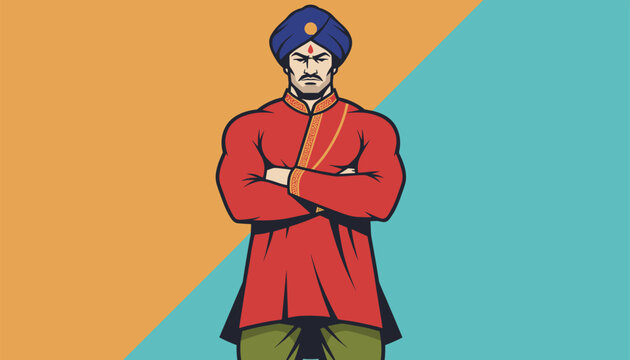 Strong Indian man in traditional red clothing standing proud
