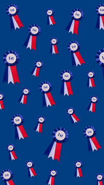 First place success 8K vertical background 9:16 for mobile wallpapers, seamless pattern featuring blue, white, and red tricolor award ribbon rosettes with 1st text on vibrant blue backdrop