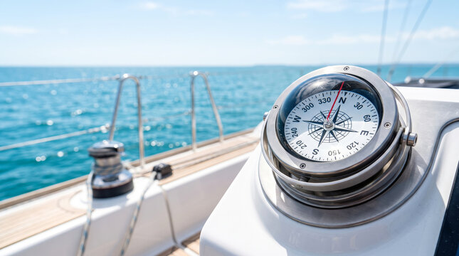 A sailing boat is on open water with a visible compass on the deck. The compass points to the north while the sea stretches out under a clear sky