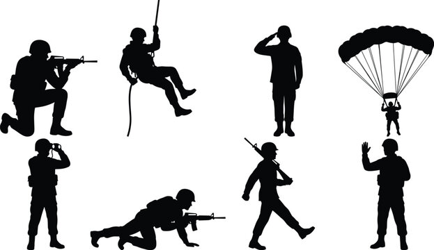 Set of black silhouettes of soldiers and military personnel in action isolated on white background