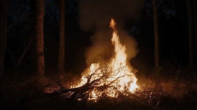 Bright flames erupt from a campfire surrounded by trees at night, with sparks flying and smoke billowing into the dark sky, creating a warm glow in the forest
