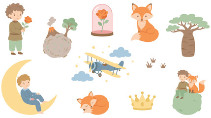 Obraz premium Little prince story element set with cute boy fox rose planet plane art.