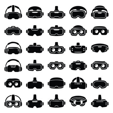 Set of virtual reality headset icons in black and white with head mounted metaverse technology collection interactive simulation augmented electronic innovation interface equipment software