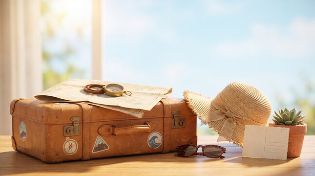 Vintage Travel Suitcase with Map, Compass, Straw Hat, and Sunglasses on Wooden Table, World Tourism Day and Summer Vacation Concept