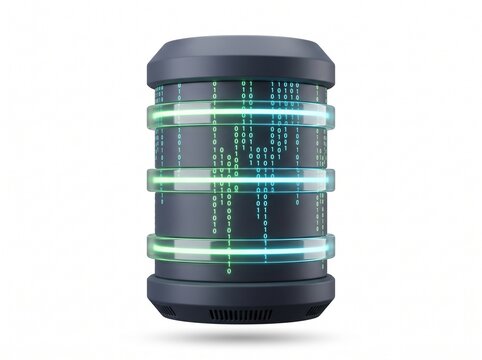 Modern dark database server icon with glowing green binary code streams for big data storage and cloud computing
