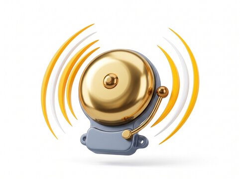 A shiny golden school bell ringing with sound waves representing an alert or a notification for an urgent event