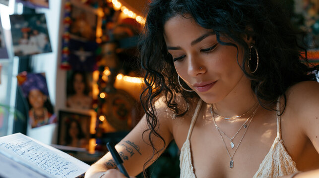 Adult woman journaling in a sparse sunlit room surrounded by childhood family photos and cultural artifacts from her heritage, exploring internalized shame, identity, and the healing process of reco