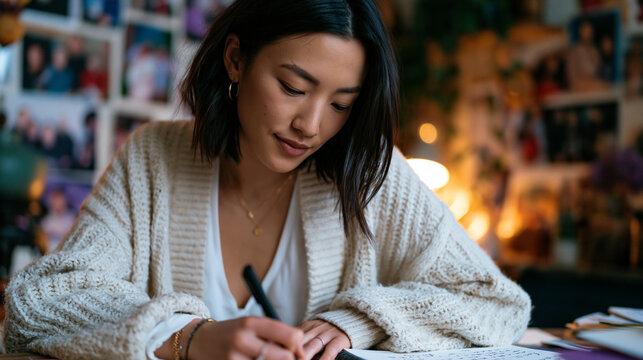 Adult woman journaling in a sparse sunlit room surrounded by childhood family photos and cultural artifacts from her heritage, exploring internalized shame, identity, and the healing process of reco