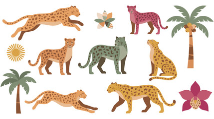 Wild leopards and tropical plants in vibrant colors. © Amina