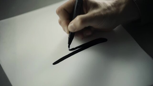Hand holding black marker creates continuous strokes on blank paper, showcasing the fluid motion of writing in a minimalistic workspace with soft lighting