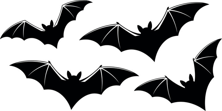 Dynamic collection of flying black bat silhouettes with spread wings for spooky Halloween night designs