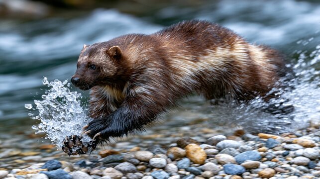 Wolverine Chases Mountain Hare Along Riverbank