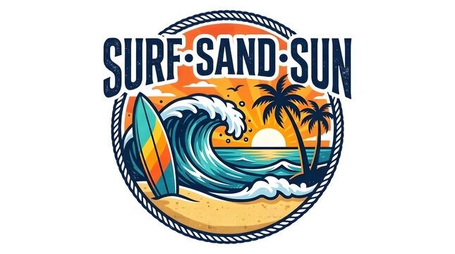 A colorful surf logo with a surfboard, wave, and palm trees on transparent background
