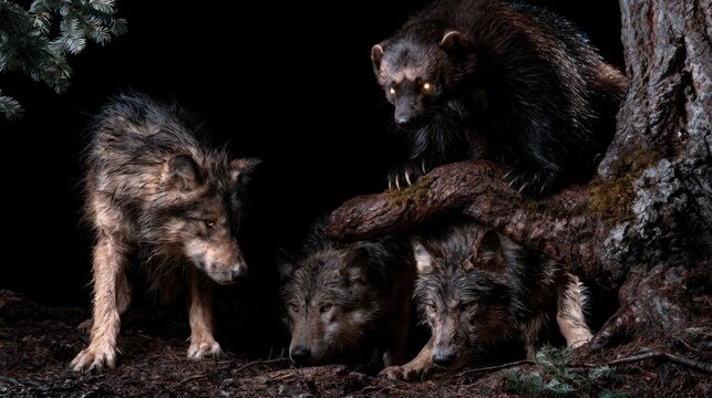 Wolverine Faces Two Wolves Under Moonlight