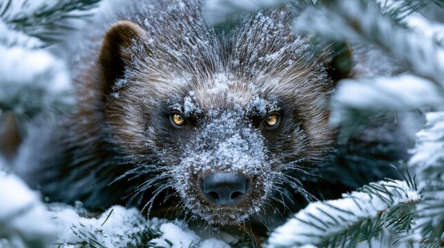 Fierce Wolverine Amid Snow-Covered Pine Branches