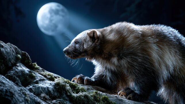 Wolverine Crosses Log at Night