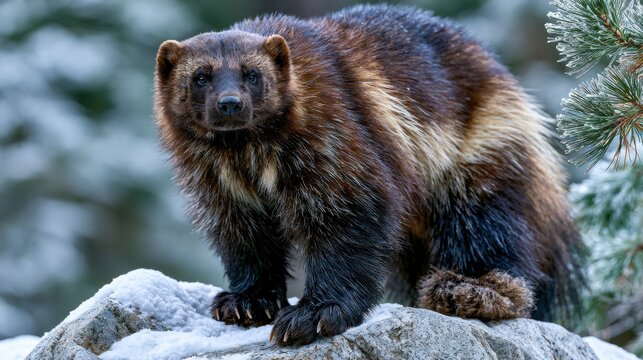 Wild Wolverine Stands on Snow-Covered Boulder