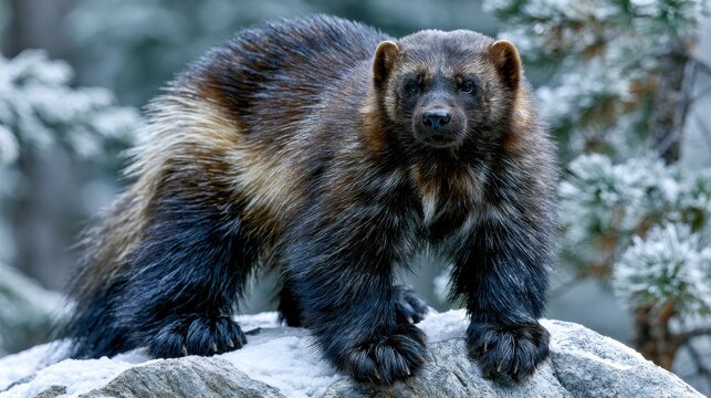 Wolverine Stands Proudly on Snow-Covered Rock