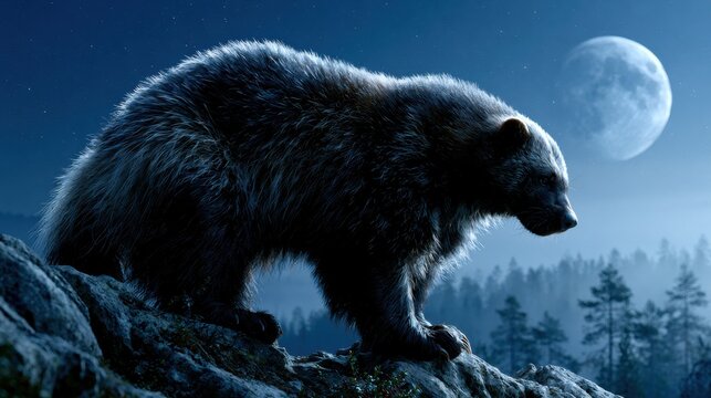 Wolverine on Rocky Viewpoint at Moonlight