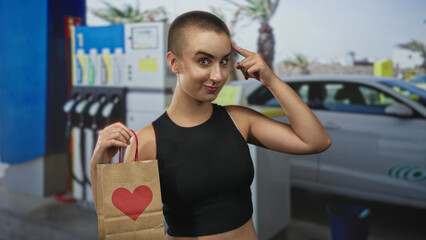 Woman with short buzz cut holding a paper bag with heart while pointing to temple at a street gas station  playful thinking. © Krakenimages.com