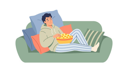 Obraz premium Relaxed young man lounging on sofa with popcorn watching movie after work at home flat vector illustration