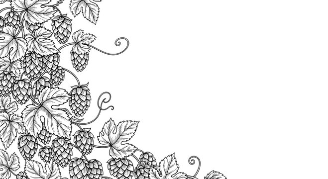 Vintage hand drawn black and white hops branches frame border on left side with clean copy space for label presentation.
