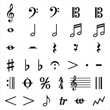 Professional music notation symbols set for digital score editing with notation composition staccato dynamics signature
