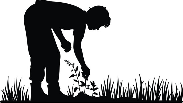 Woman farmer pulling weeds from the grass, black silhouette vector illustration of gardening activity concept