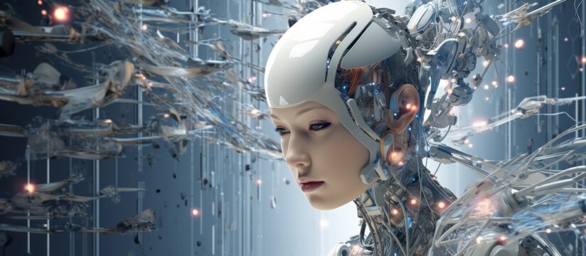 Portrait of a cyborg robot woman with technical elements and sensors on her face and head. Concept for the development of a technological new generation of people