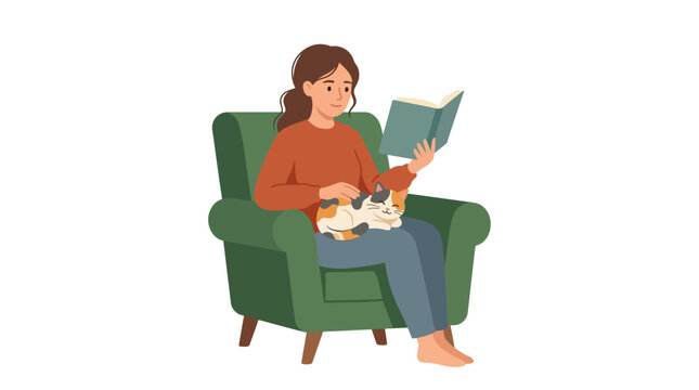 Young woman reading a book and stroking a sleeping cat in an armchair flat vector illustration.