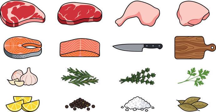 Collection of fresh raw meat cuts chicken pieces and salmon steaks with cooking ingredientsCollection of fresh raw meat cuts chicken pieces and salmon steaks with cooking ingredients