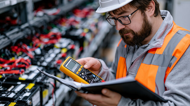 Data center power distribution engineer inspecting static uninterruptible power supply battery strings in dedicated UPS room, battery string tester, discharge records folder, raised floor tile remov