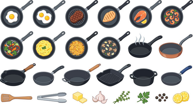 Assorted variety of cooked meals breakfast dishes and ingredients prepared in individual frying pansAssorted variety of cooked meals breakfast dishes and ingredients prepared in individual frying pans