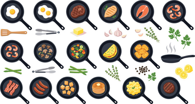 Assorted variety of cooked meals breakfast dishes and ingredients prepared in individual frying pansAssorted variety of cooked meals breakfast dishes and ingredients prepared in individual frying pans