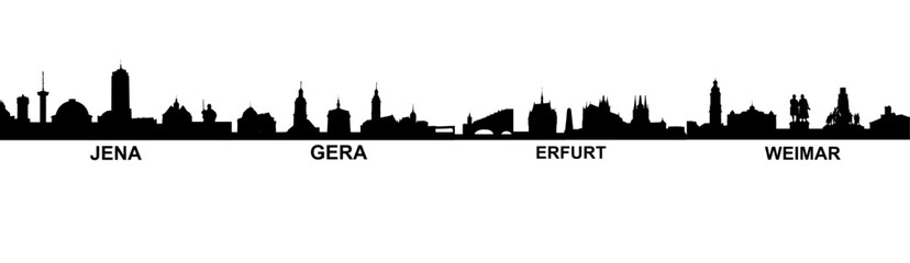 Fototapeta premium Black Thuringia Skyline Silhouette with Urban Landmarks of Jena, Gera, Erfurt and Weimar – East Germany Cityscape Vector Illustration with Text