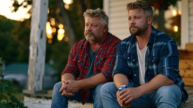 Estranged father and adult son sitting side by side on a front porch step in the golden hour light, both facing forward rather than each other, a long silence broken by the son offering a cold bever