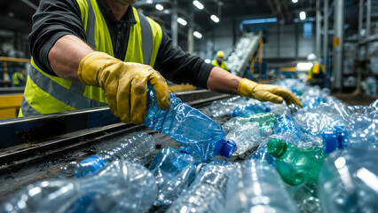 Obraz premium A worker in a recycling plant sorting empty plastic bottles on a conveyor belt.