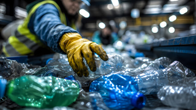 A worker in a recycling plant sorting empty plastic bottles on a conveyor belt.