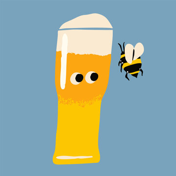 Beer foamy glass with eyes, bee. Cute Beer character. Pub, brewery, bar menu concept. Hand drawn trendy Vector illustration. Isolated design element. Logo, sticker template