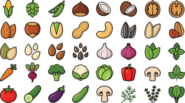 Plant based nutrition icons vector illustration collection featuring healthy vegetables nuts seeds and grain elements