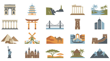 Famous world landmarks and architectural icons set for travel design. © Amina