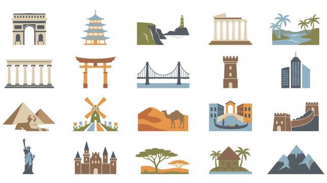 Famous world landmarks and architectural icons set for travel design.