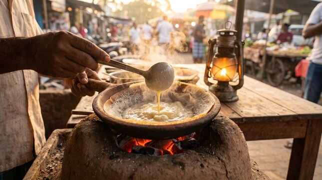 A close-up shot of a Sri Lankan street vendor pouring egg batter into a traditional clay hopper pan (appa thachchiya). Soft golden hour ambient light mixed with the warm glow of a nearby kerosene lamp