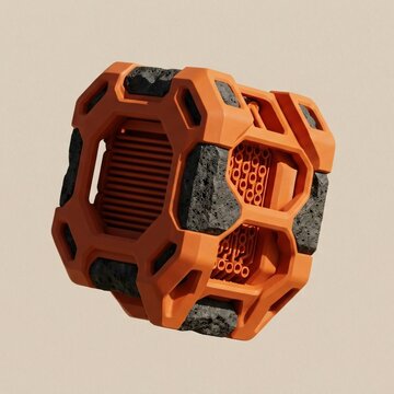 Abstract floating orange modular core hardware component with dark vesicular basalt stone textures on a solid light beige background