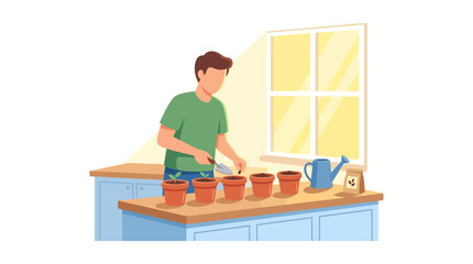 Obraz premium Young man planting seeds in small garden pots on wooden table near window flat design vector illustration.