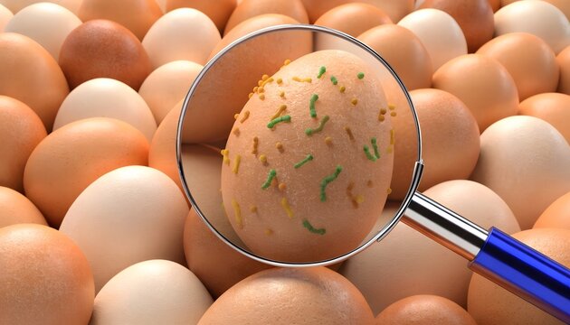 Magnifying Glass Revealing Bacteria on Egg Concept of Food Contamination