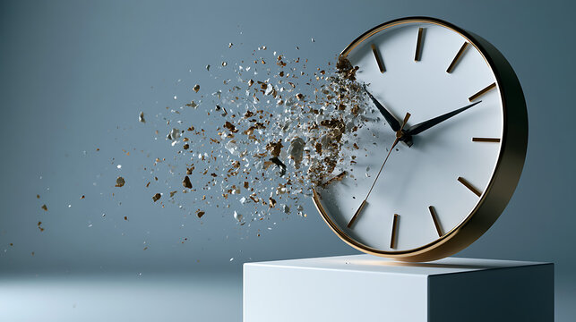 Time running out concept for deadlines and urgency. Minimalist clock with shattered fragments symbolizing lost opportunities and pressure
