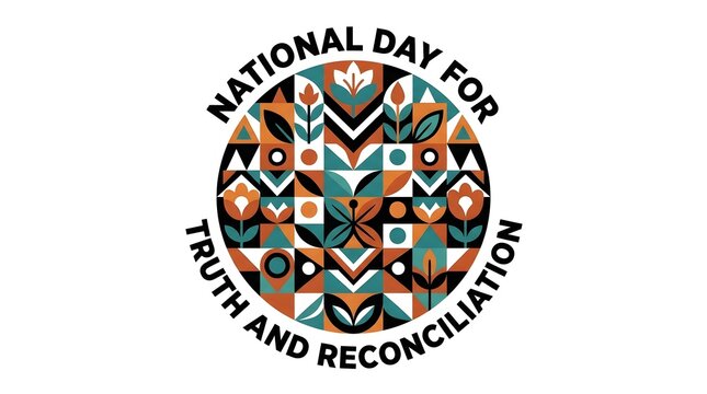 Circular emblem with text "national day for truth and reconciliation" in orange, blue, green, and white